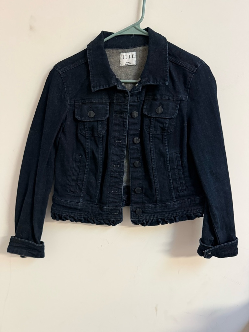 Elle Dark Navy Ruffle-Hem Denim Jacket